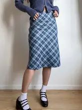 BERAN レトロ可愛いブラウンチェックAラインハイウエストスカート【中長丈・薄手】