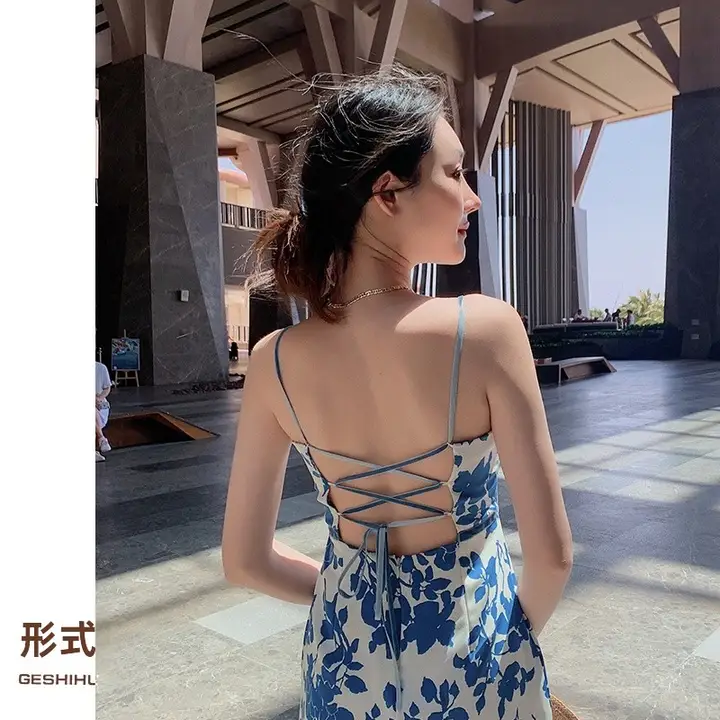 背中開きのリボン付きセクシーキャミソールドレス【ウエストシェイプ・リゾートビーチ用】