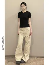 多ポケットデザインのカフェカラー高腰ワイドレッグ作業パンツ【春用・フィット・ストレートデニム】
