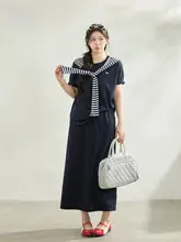 大きいサイズ レディース 夏用カジュアル 体型カバー Tシャツ【短袖・ダークブルー】とハイウエストロングスカート（セットアップ対応）