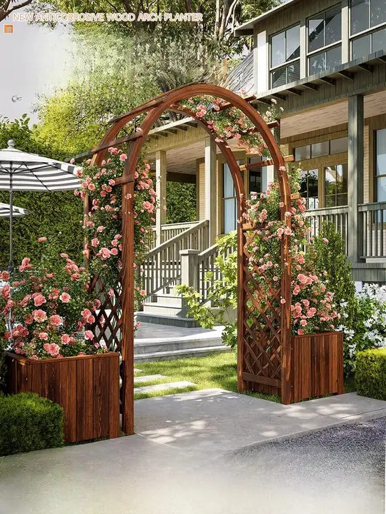 アウトドア用防腐木製アーチ型フラワーラック【庭園用・植物用トレリス・花箱付き】