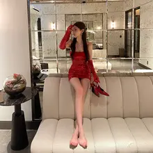 ChiclyNana 赤色トップレスドレス【ハイウエスト・ストリートスタイル・スリムフィット・スパンコール付き】