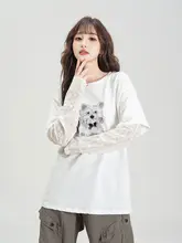 レディースラウンドネック長袖Tシャツ【レースメッシュ切り替え・春秋用】（セットアップ対応）