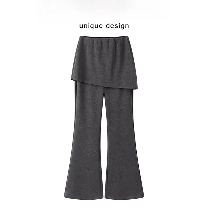 シンプルなウエストゴムのフレアパンツ【深灰色・レトロ・春秋向け・スリムフィット・九分丈】