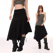 ブラック不規則デザインのハイウエストスカート【二重裾・スリット入り・夏用・Aライン】