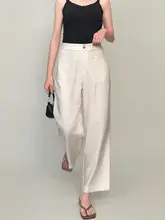 夏用 薄手のハイウエストワイドレッグパンツ【白色・レディース・リネン・九分丈】