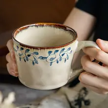 レトロな植物柄 陶製マグカップ【ハンドメイド・高温転写・ふた付き・片手取っ手】