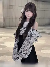 露肩デザインの花柄フリルスリーブドレス【ウエスト絞り・女性用】