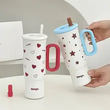 大容量の保温カップ【ストロー付き・星柄・オフィス用・高デザイン】