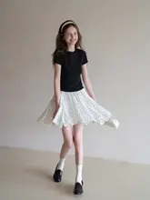 ドット柄デザインのフリル付きハイウエストスカート【春夏用・トレンド・ミディ丈】