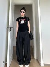 フィットな黒色ワイドレッグパンツ【大きいサイズ・ストレート・カジュアル】（セットアップ対応）