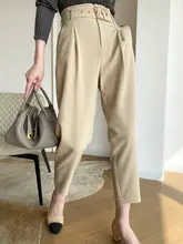 高腰ベルト付きスリムフィットカジュアルパンツ【9分丈・テーパード・女性用】