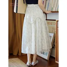 ブルーのレース切替プリントミディスカート【高腰・夏用・ヴィンテージ風・女性用】