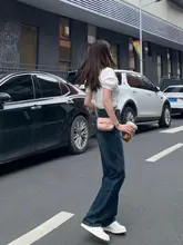 ヴィンテージスタイルのハイウエストワイドレッグデニムパンツ【梨型体型対応・小柄向け】