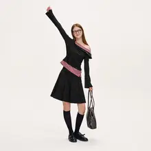 秋季コーデに最適！斜め肩デザインの長袖トップス【ウエストシェイプ・フレンチスタイル・オフショルダー】（セットアップ対応）