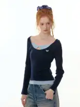 秋冬用アメリカンデザインのリボン付き長袖ニットTシャツ【インナー用】（セットアップ対応）