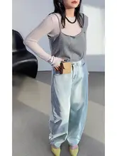 レディースウォッシュ加工デニムパンツ【ルーズフィット・浅い青・バナナカーブデザイン】（セットアップ対応）