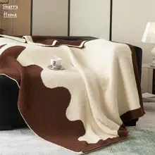 アートなデザインのカフェブラウン半分ファー毛布【オフィスやソファ用】