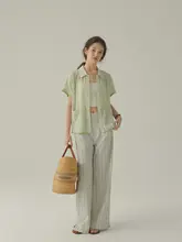 LLANO シェル刺繍透かし編み短袖ニットシャツ【冰絲・通気性・スタイル・夏用】