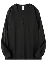 ヘンリーネックTシャツ ユニセックス 長袖 コーマコットン 無地 ブラック 厚手 ルーズ インナー UVカット カジュアル