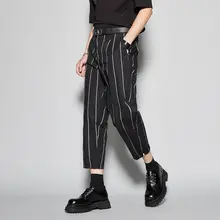高品質 ベージュストライプとブラックコットンのカジュアル九分パンツ【メンズ・スリムフィット・テーパードデザイン】