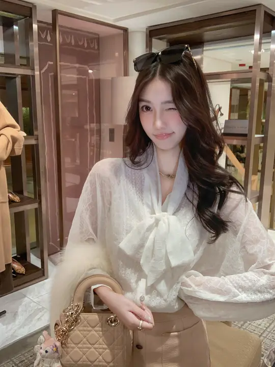 微透けリボン付きレースシフォンシャツ【春秋用・女性用】