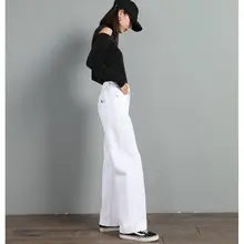 ホワイトデニムパンツ レディース ゆったりストレートパンツ【ハイウエスト・ロング丈・秋冬用】