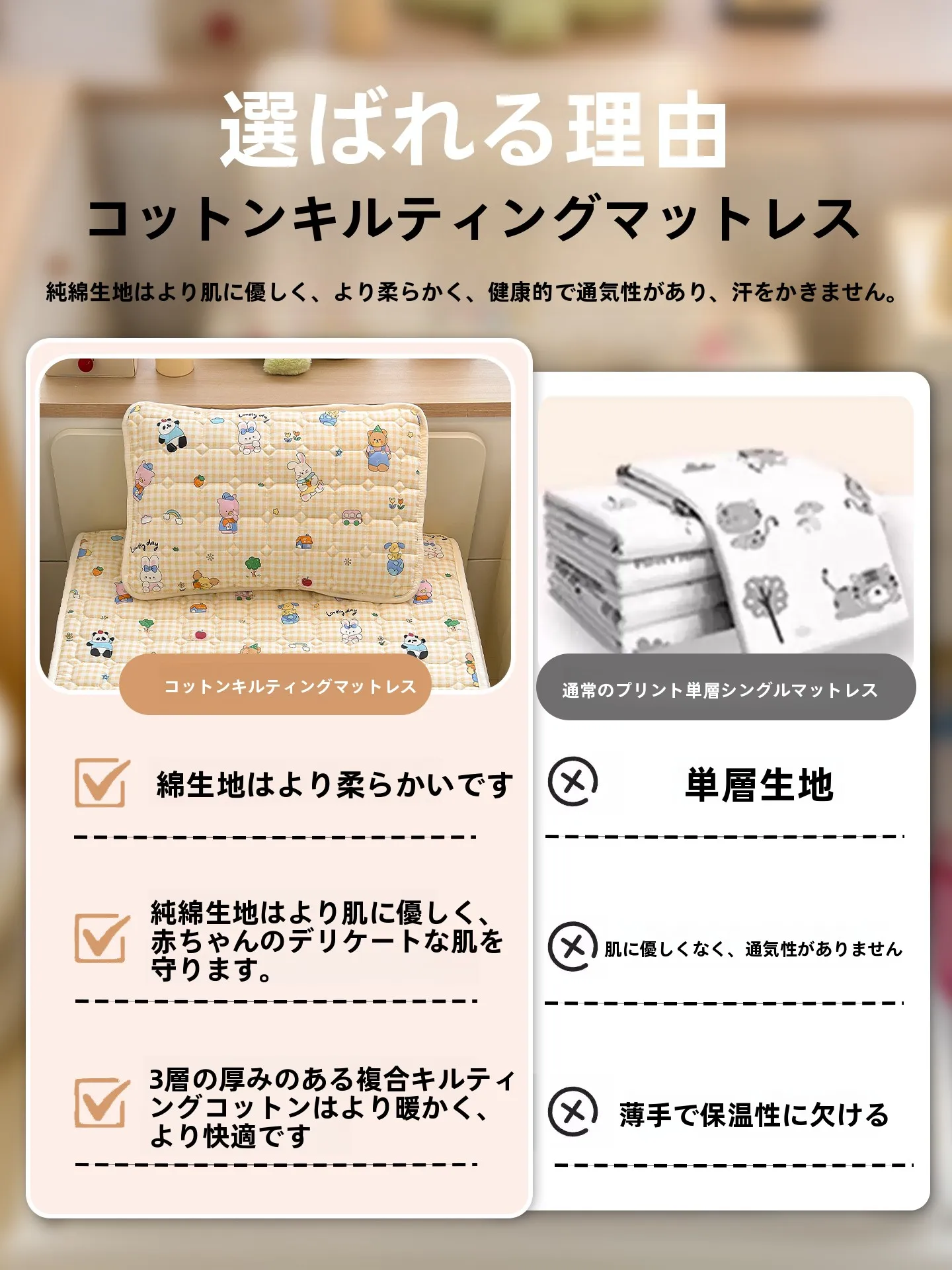 純綿のベビーベッドマットレス【カートゥーンデザイン・幼児用・柔らかいマット】の選び方と実際の使い方