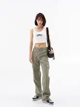 高腰ストレートワークパンツ【女性用・ゆったり・カジュアル・多ポケット・アメリカンストリートスタイル】（セットアップ対応）