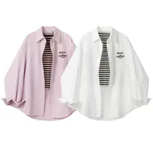 ストライプデザインのショート丈タンクトップとシャツカーディガン【春夏用・女性用】（セットアップ対応）