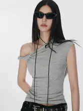 花柄グレーの斜め肩口ねじりTシャツ【女性用・ウエストシェイプ・夏用】