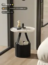 クリームカラーのソファ横ミニテーブル【イタリアンスタイル・サドルレザー・丸型・コンパクト】