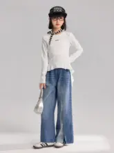 植木レース装飾デザインのブルーコットンデニムパンツ【女の子用・スリムフィット・春夏向け】（セットアップ対応）