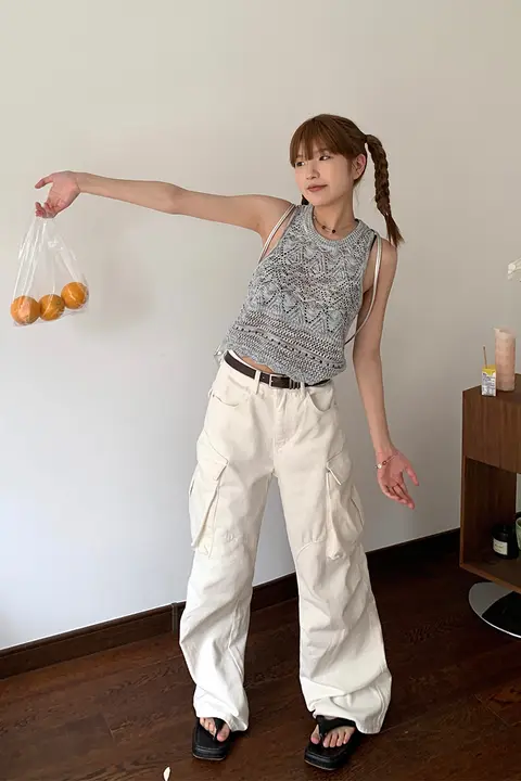 牛仔風レディースワイドパンツ【アメリカンスタイル・大口ポケット・カジュアル】（セットアップ対応）