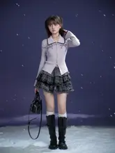 蝶結びデザインの薄紫色ニットカーディガン【提花編み・甘美なスタイル】