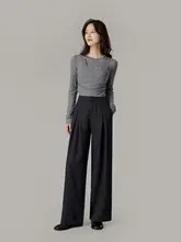 小柄女性向け グレーの高腰ストレートパンツ【春用・ドレープ感・ワイドレッグ】（セットアップ対応）