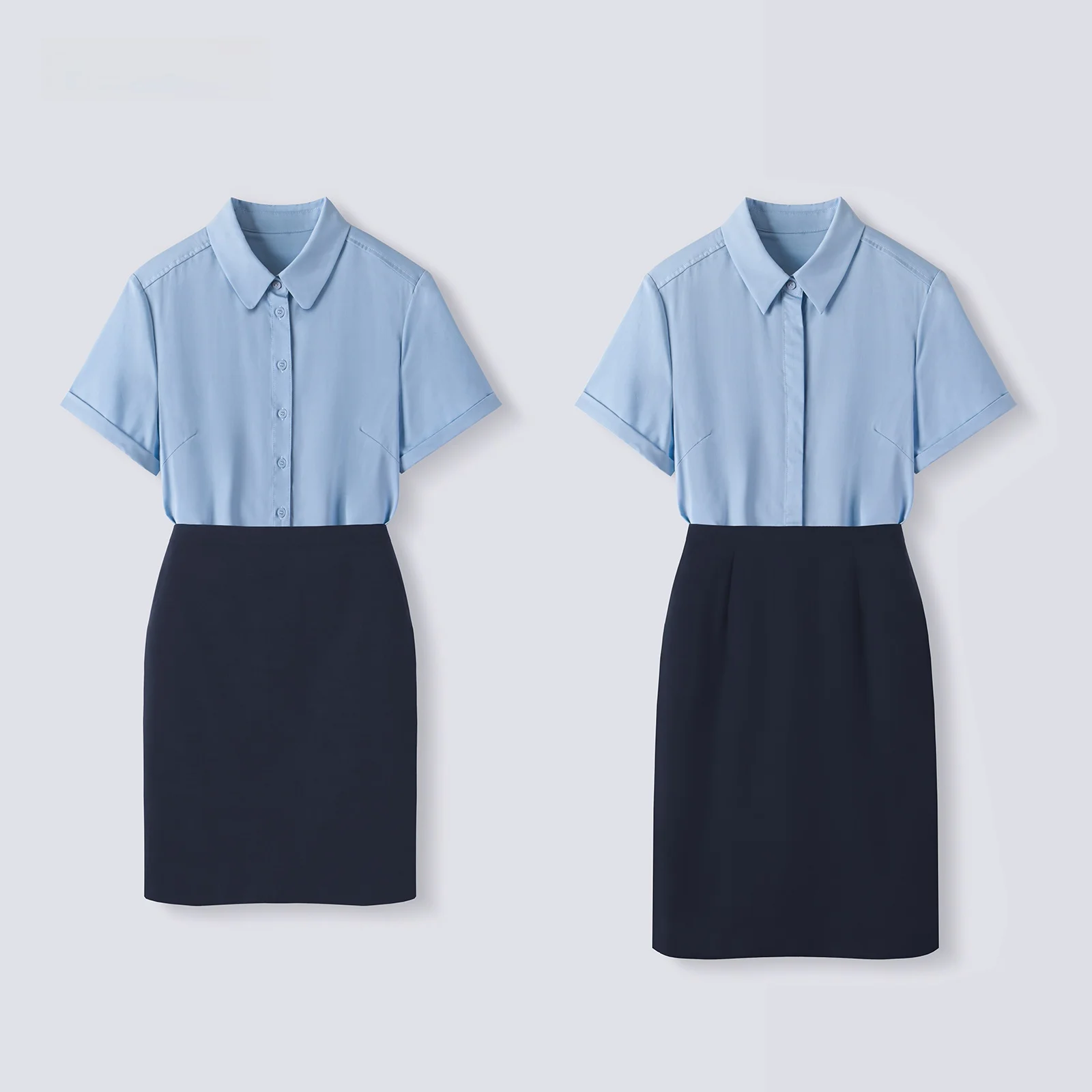 40代研修にふさわしい女性の服装：ブルーの職業用ブラウス【夏用・短袖・スリムフィット】