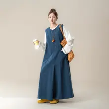 湖色リネン風ルーズサロペットパンツ【レディース・春夏向け・ワイドレッグ・カジュアル】（セットアップ対応）