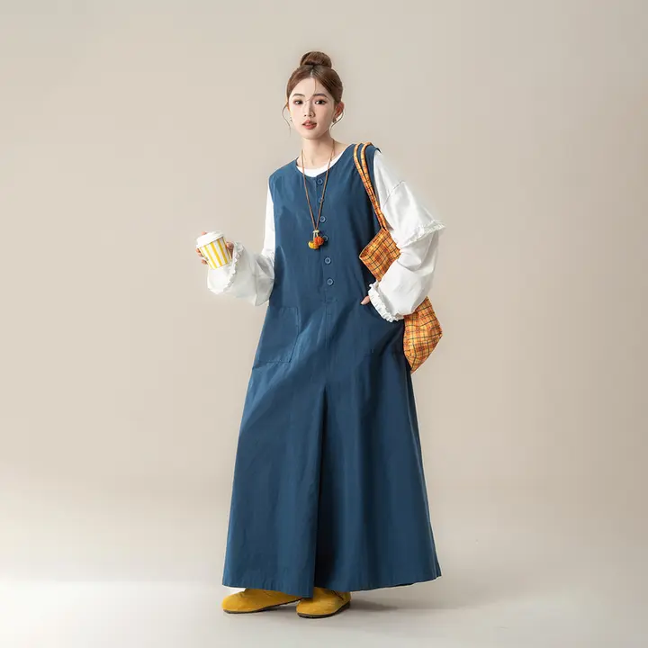 湖色リネン風ルーズサロペットパンツ【レディース・春夏向け・ワイドレッグ・カジュアル】（セットアップ対応）