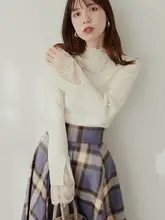レース切り替えハイネック長袖ニットトップス【秋冬・女性用・甘美・ベーシック】
