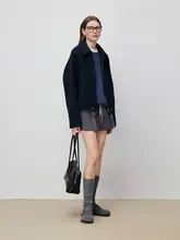 おしゃれなウールボールデザインのリボン付きバルーンショートコート【カジュアル・フラップカラー】