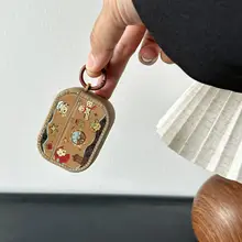イヤホンケース ヴィンテージ グラフィティアート 犬柄 ラインストーン ブラウン 耐衝撃 AirPods対応「HEYYEH」