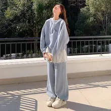 ブルーのレース風トップスとワイドパンツの上下セット【カジュアル・秋向け・リラクシ ング】（セットアップ対応）