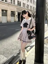 かわいい小熊猫プリントの水手服トップスとプリーツスカート【紫・収腰デザイン・フレンチスタイル】（セットアップ対応）