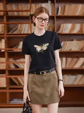 コントラスト刺繍ラウンドネック半袖Tシャツ【カジュアル・女性用】