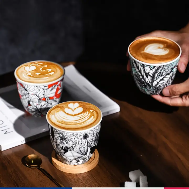 シンプルで魅力的な陶器製コーヒー杯【家庭用・ラテアート対応・持ちやすいデザイン】