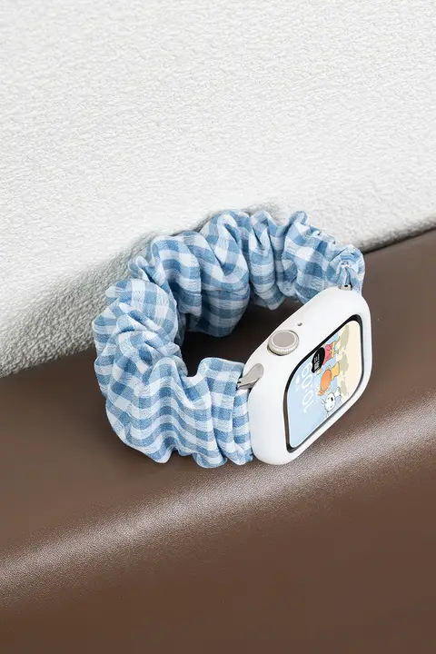 スマートウォッチ バンド レディース Apple Watch用 ナイロン 青白チェック柄 ヘアゴム式 伸縮 スポーツ 夏用 可愛い 上品