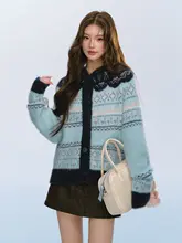 ブルーのレトロニットカーディガン【冬用・極上の柔らかさ・フェアアイル編み】