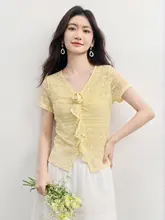 立体花デザインのVネックレースブラウス【夏用・短袖・紫色】