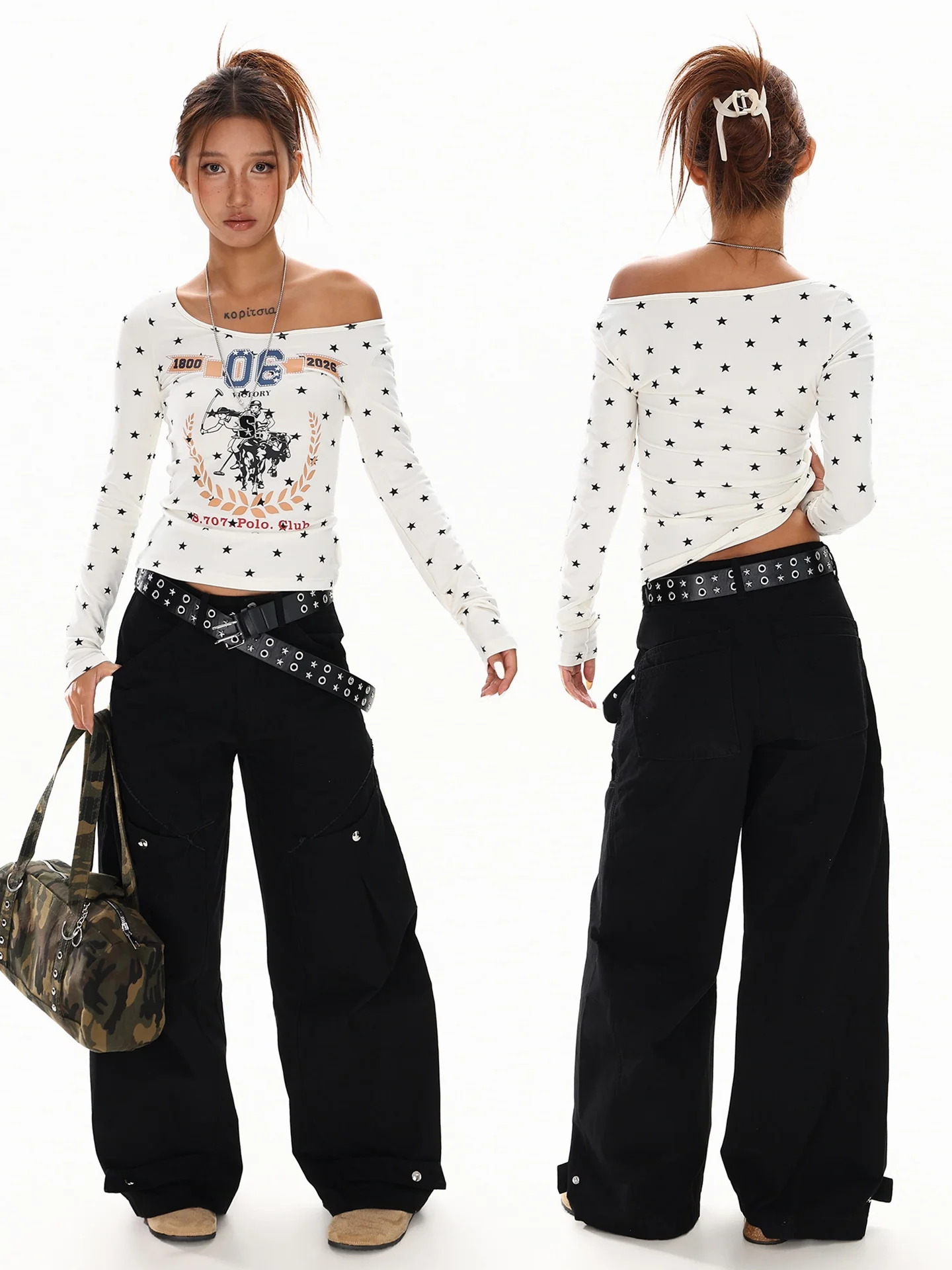 レディースオフショルダー長袖Tシャツ：アメリカンレトロスタイルのスリムフィットで夏を彩る